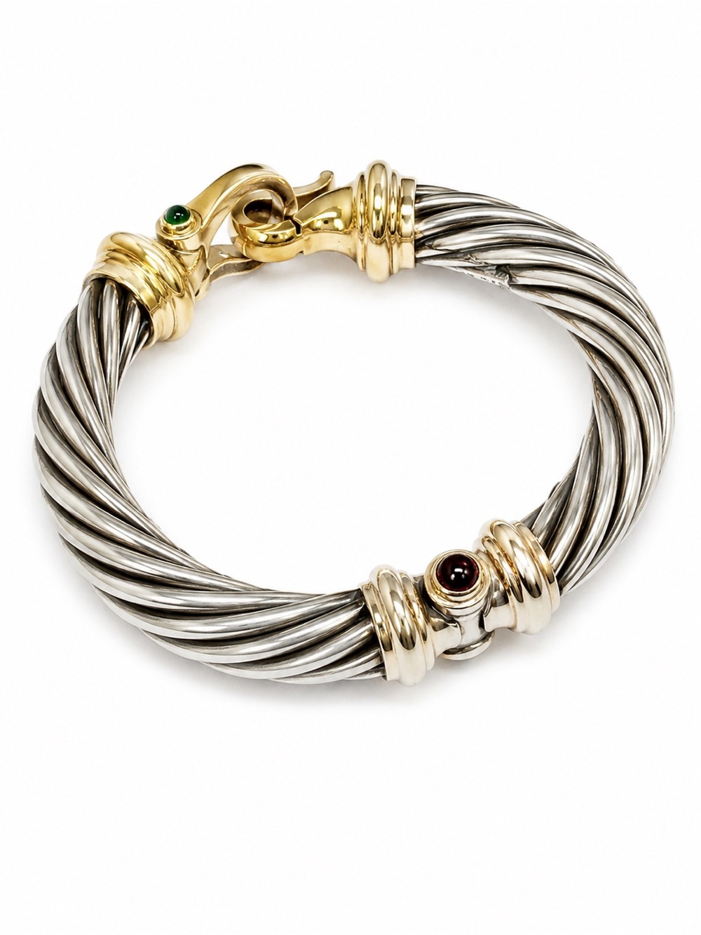 David Yurman Two-Tone Silver and Gold Twisted Cable Bracelet with Green Accent - Picture 3 of 10